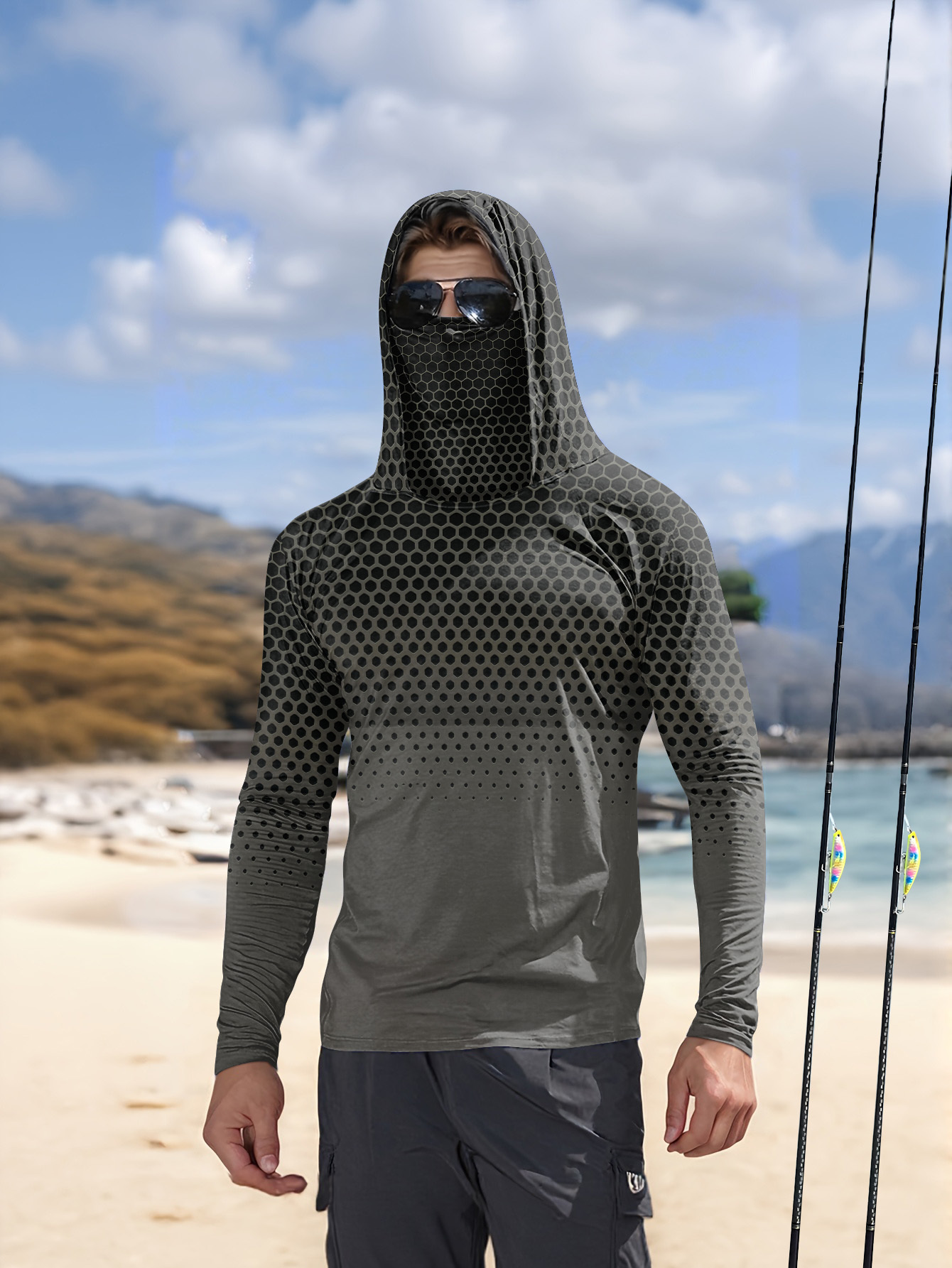Fishing Hoodie - Grey Gradient Honeycomb Men Fishing Hooded
